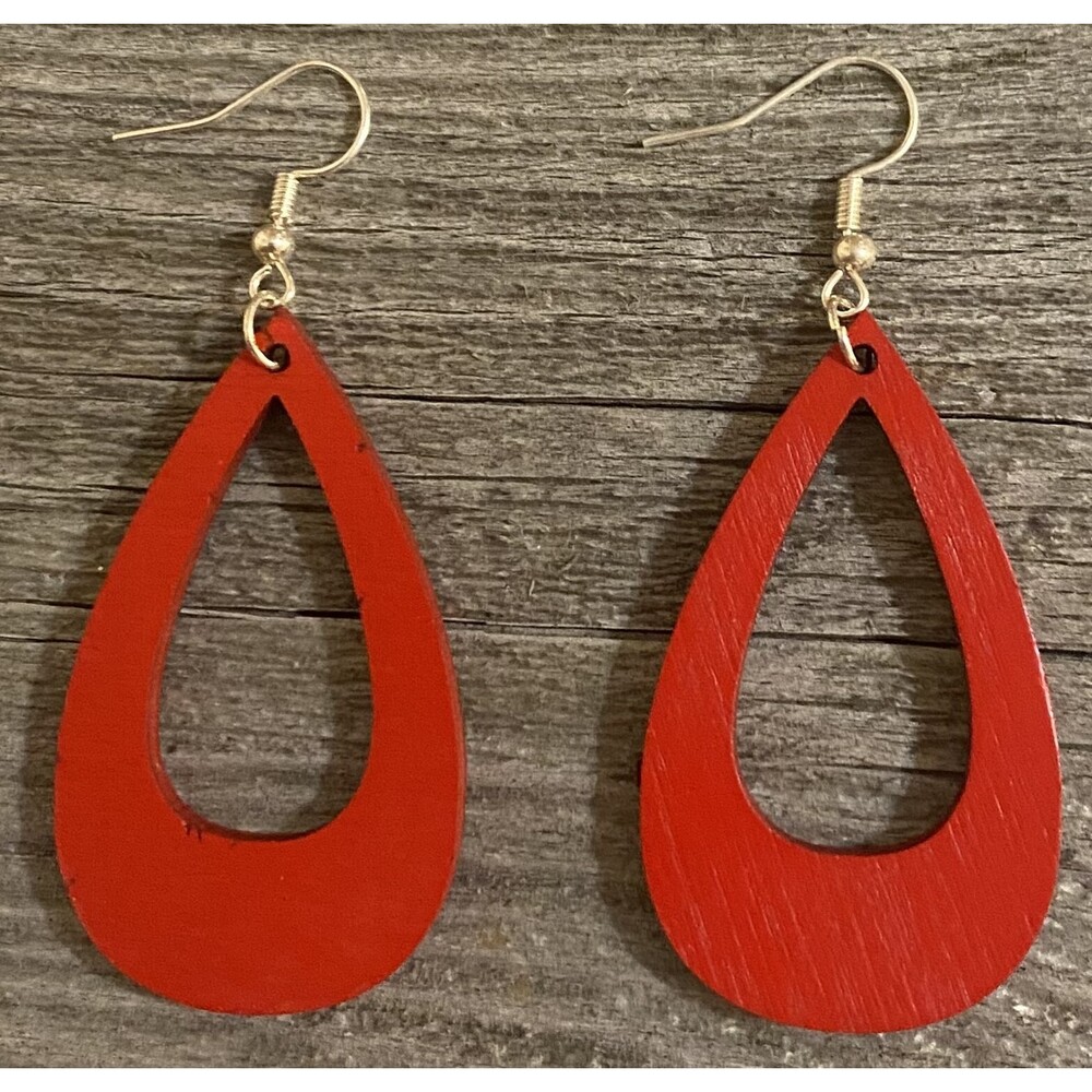 Wood Earrings - 2" x 1.63" - Offset Teardrop - Red - E007-53
